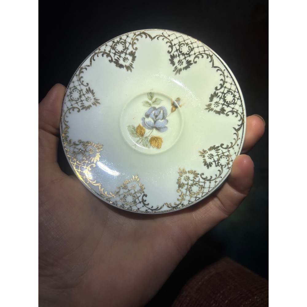 Vintage Real S. Paulo Brazil Porcelain Saucers Blue Rose Gold Filigree Set of 2
